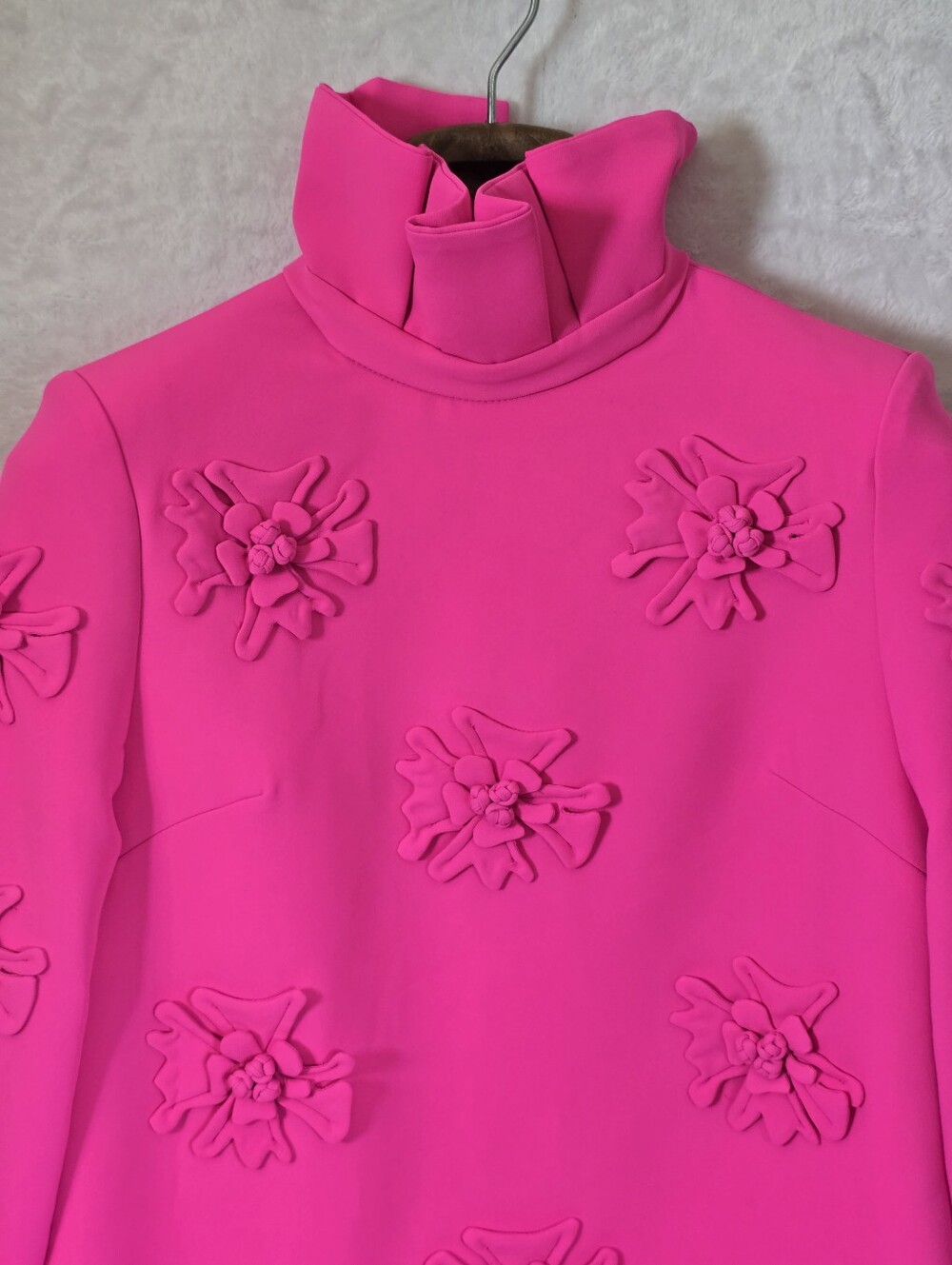 Hot Pink 3D Floral Applique Turtleneck A-line Shift Dress Bell Sleeves Sz.S - Picture 6 of 16